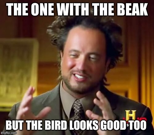 Ancient Aliens Meme | THE ONE WITH THE BEAK BUT THE BIRD LOOKS GOOD TOO | image tagged in memes,ancient aliens | made w/ Imgflip meme maker