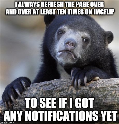 Who else does this?  |  I ALWAYS REFRESH THE PAGE OVER AND OVER AT LEAST TEN TIMES ON IMGFLIP; TO SEE IF I GOT ANY NOTIFICATIONS YET | image tagged in memes,confession bear,notifications y u no come in soon enough,me,refresh | made w/ Imgflip meme maker