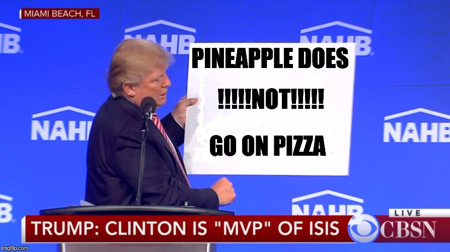 PINEAPPLE DOES; !!!!!NOT!!!!! GO ON PIZZA | image tagged in donald trump,pineapple,does not go on pizza,pizza,memes | made w/ Imgflip meme maker