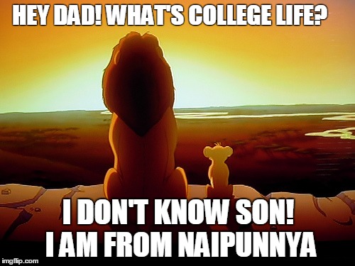 Lion King | HEY DAD! WHAT'S COLLEGE LIFE? I DON'T KNOW SON! I AM FROM NAIPUNNYA | image tagged in memes,lion king | made w/ Imgflip meme maker