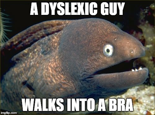 Bad Joke Eel | A DYSLEXIC GUY; WALKS INTO A BRA | image tagged in memes,bad joke eel | made w/ Imgflip meme maker