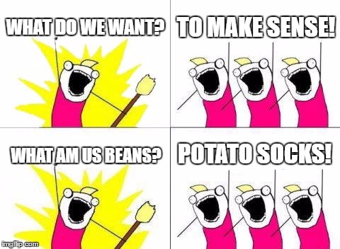 What Do We Want | WHAT DO WE WANT? TO MAKE SENSE! POTATO SOCKS! WHAT AM US BEANS? | image tagged in memes,what do we want | made w/ Imgflip meme maker