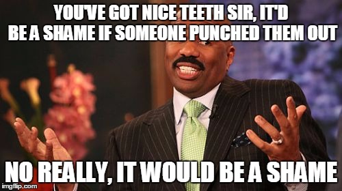 YOU'VE GOT NICE TEETH SIR, IT'D BE A SHAME IF SOMEONE PUNCHED THEM OUT; NO REALLY, IT WOULD BE A SHAME | image tagged in memes,steve harvey | made w/ Imgflip meme maker