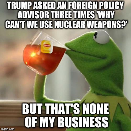 But That's None Of My Business Meme | TRUMP ASKED AN FOREIGN POLICY ADVISOR THREE TIMES 'WHY CAN'T WE USE NUCLEAR WEAPONS?' BUT THAT'S NONE OF MY BUSINESS | image tagged in memes,but thats none of my business,kermit the frog | made w/ Imgflip meme maker