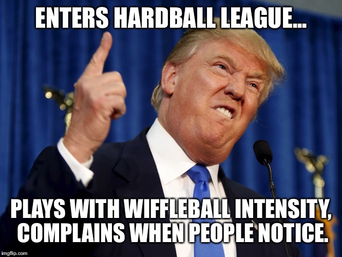 Wiffletrumo | ENTERS HARDBALL LEAGUE... PLAYS WITH WIFFLEBALL INTENSITY, COMPLAINS WHEN PEOPLE NOTICE. | image tagged in t finger,donald trump | made w/ Imgflip meme maker