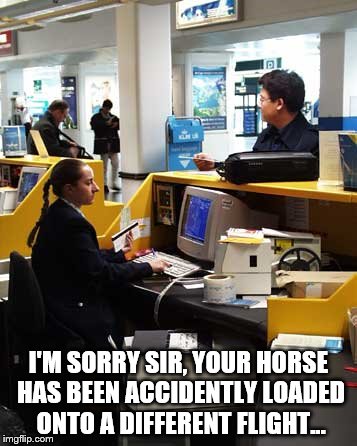 I'M SORRY SIR, YOUR HORSE HAS BEEN ACCIDENTLY LOADED ONTO A DIFFERENT FLIGHT... | made w/ Imgflip meme maker