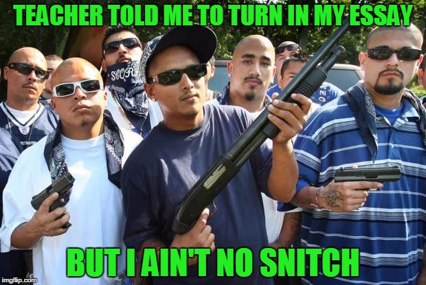 mexican gang | TEACHER TOLD ME TO TURN IN MY ESSAY; BUT I AIN'T NO SNITCH | image tagged in mexican gang | made w/ Imgflip meme maker