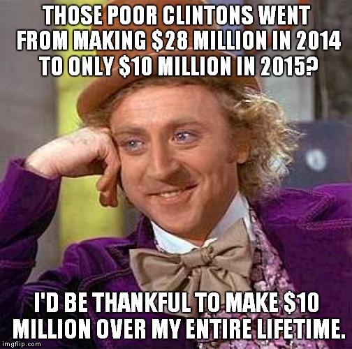 Creepy Condescending Wonka Meme | THOSE POOR CLINTONS WENT FROM MAKING $28 MILLION IN 2014 TO ONLY $10 MILLION IN 2015? I'D BE THANKFUL TO MAKE $10 MILLION OVER MY ENTIRE LIF | image tagged in memes,creepy condescending wonka | made w/ Imgflip meme maker