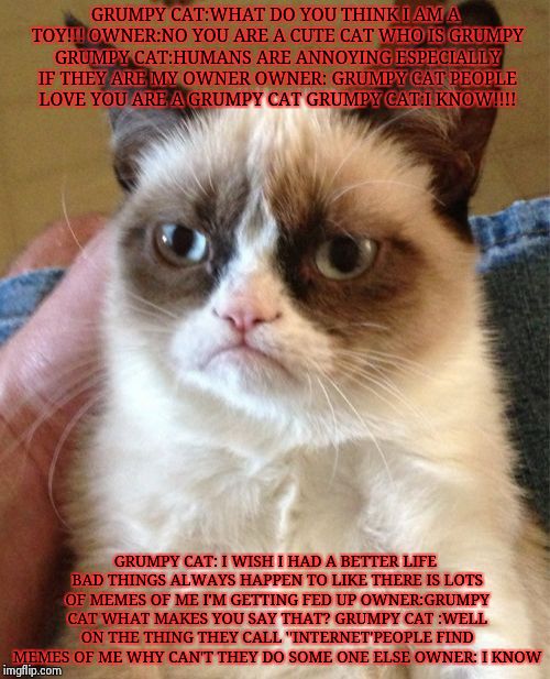 Grumpy Cat Meme | GRUMPY CAT:WHAT DO YOU THINK I AM A TOY!!! OWNER:NO YOU ARE A CUTE CAT WHO IS GRUMPY GRUMPY CAT:HUMANS ARE ANNOYING ESPECIALLY IF THEY ARE MY OWNER OWNER: GRUMPY CAT PEOPLE LOVE YOU ARE A GRUMPY CAT GRUMPY CAT:I KNOW!!!! GRUMPY CAT: I WISH I HAD A BETTER LIFE BAD THINGS ALWAYS HAPPEN TO LIKE THERE IS LOTS OF MEMES OF ME I'M GETTING FED UP OWNER:GRUMPY CAT WHAT MAKES YOU SAY THAT? GRUMPY CAT :WELL ON THE THING THEY CALL ''INTERNET'PEOPLE FIND MEMES OF ME WHY CAN'T THEY DO SOME ONE ELSE OWNER: I KNOW | image tagged in memes,grumpy cat | made w/ Imgflip meme maker