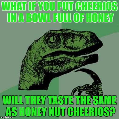 Philosoraptor | WHAT IF YOU PUT CHEERIOS IN A BOWL FULL OF HONEY; WILL THEY TASTE THE SAME AS HONEY NUT CHEERIOS? | image tagged in memes,philosoraptor | made w/ Imgflip meme maker