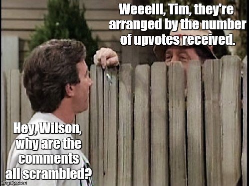Home Improvement Tim and Wilson | Weeelll, Tim, they're arranged by the number of upvotes received. Hey, Wilson, why are the comments all scrambled? | image tagged in home improvement tim and wilson | made w/ Imgflip meme maker