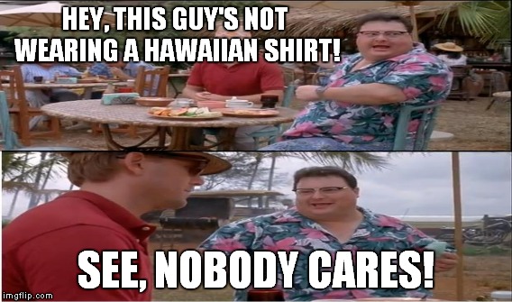 HEY, THIS GUY'S NOT WEARING A HAWAIIAN SHIRT! SEE, NOBODY CARES! | made w/ Imgflip meme maker