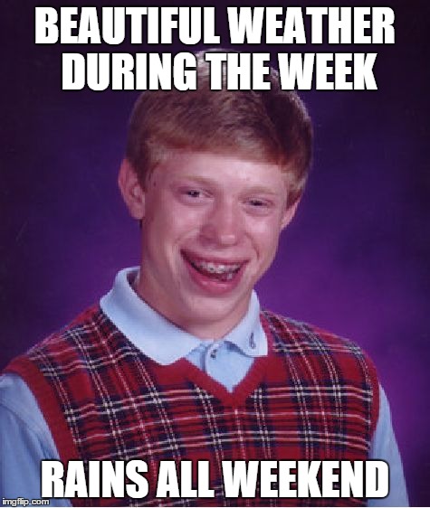Bad Weather Brian | BEAUTIFUL WEATHER DURING THE WEEK; RAINS ALL WEEKEND | image tagged in memes,bad luck brian,weather | made w/ Imgflip meme maker