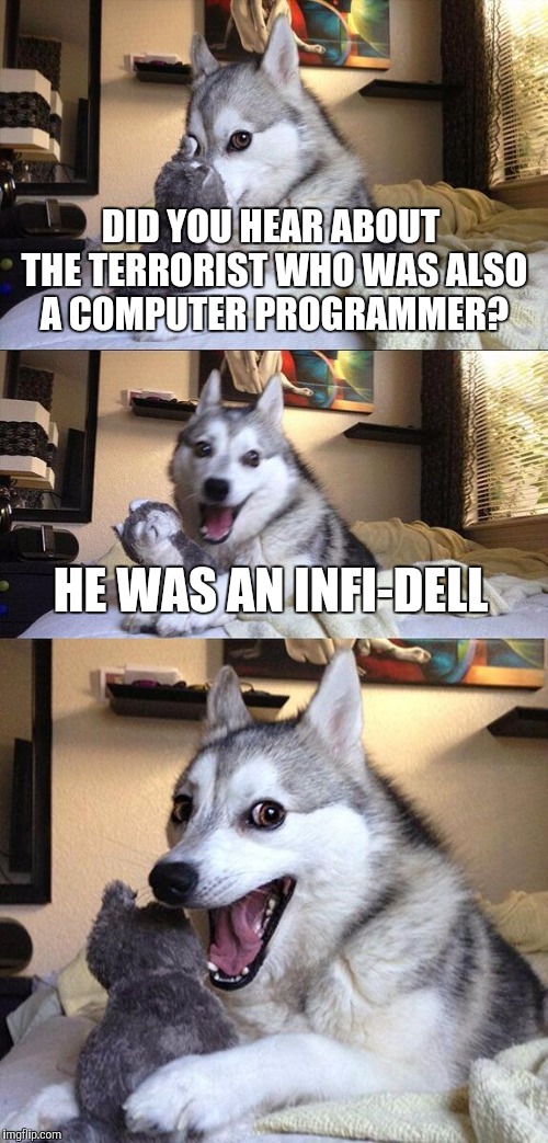 Bad Pun Dog | DID YOU HEAR ABOUT THE TERRORIST WHO WAS ALSO A COMPUTER PROGRAMMER? HE WAS AN INFI-DELL | image tagged in memes,bad pun dog | made w/ Imgflip meme maker