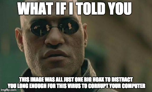 Matrix Morpheus Meme | WHAT IF I TOLD YOU; THIS IMAGE WAS ALL JUST ONE BIG HOAX TO DISTRACT YOU LONG ENOUGH FOR THIS VIRUS TO CORRUPT YOUR COMPUTER | image tagged in memes,matrix morpheus | made w/ Imgflip meme maker