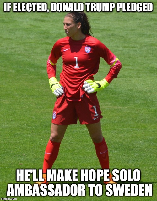 If you don't think about it, it makes a lot of sense... | IF ELECTED, DONALD TRUMP PLEDGED; HE'LL MAKE HOPE SOLO AMBASSADOR TO SWEDEN | image tagged in memes | made w/ Imgflip meme maker