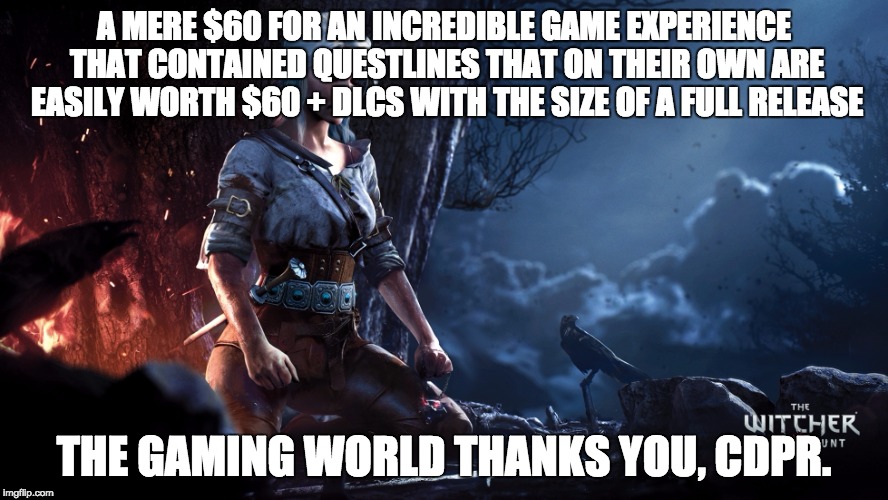 A MERE $60 FOR AN INCREDIBLE GAME EXPERIENCE THAT CONTAINED QUESTLINES THAT ON THEIR OWN ARE EASILY WORTH $60 + DLCS WITH THE SIZE OF A FULL RELEASE; THE GAMING WORLD THANKS YOU, CDPR. | image tagged in gaming | made w/ Imgflip meme maker