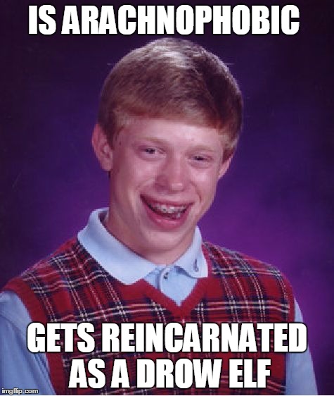 Well... That's Some Awfully Bad Luck! | IS ARACHNOPHOBIC; GETS REINCARNATED AS A DROW ELF | image tagged in memes,bad luck brian,dungeons and dragons,elves,fantasy,reincarnation | made w/ Imgflip meme maker