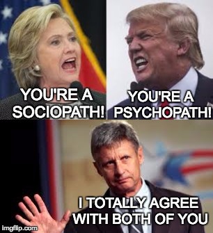 Choose your Pathology | YOU'RE A PSYCHOPATH! YOU'RE A SOCIOPATH! I TOTALLY AGREE WITH BOTH OF YOU | image tagged in trump,johnon,clinton,sociopath,psychopath | made w/ Imgflip meme maker