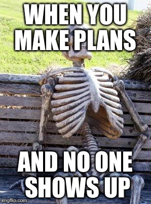 Waiting Skeleton | WHEN YOU MAKE PLANS; AND NO ONE SHOWS UP | image tagged in memes,waiting skeleton | made w/ Imgflip meme maker