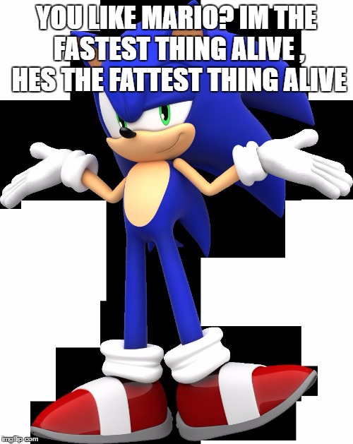 Scumbag Sonic | YOU LIKE MARIO? IM THE FASTEST THING ALIVE , HES THE FATTEST THING ALIVE | image tagged in scumbag sonic | made w/ Imgflip meme maker