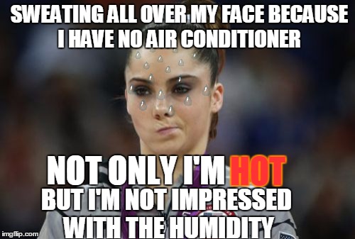 McKayla Maroney Not Impressed | SWEATING ALL OVER MY FACE BECAUSE I HAVE NO AIR CONDITIONER; NOT ONLY I'M; HOT; BUT I'M NOT IMPRESSED WITH THE HUMIDITY | image tagged in memes,mckayla maroney not impressed | made w/ Imgflip meme maker