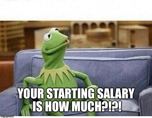 KERMIT | YOUR STARTING SALARY IS HOW MUCH?!?! | image tagged in kermit | made w/ Imgflip meme maker