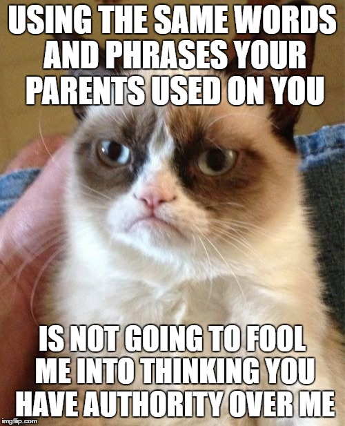 Grumpy Cat | USING THE SAME WORDS AND PHRASES YOUR PARENTS USED ON YOU; IS NOT GOING TO FOOL ME INTO THINKING YOU HAVE AUTHORITY OVER ME | image tagged in memes,grumpy cat | made w/ Imgflip meme maker