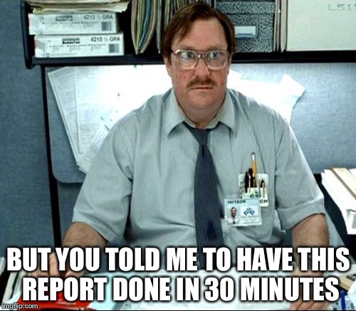 BUT YOU TOLD ME TO HAVE THIS REPORT DONE IN 30 MINUTES | made w/ Imgflip meme maker