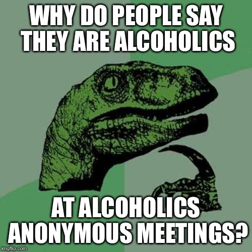 Philosoraptor Meme | WHY DO PEOPLE SAY THEY ARE ALCOHOLICS; AT ALCOHOLICS ANONYMOUS MEETINGS? | image tagged in memes,philosoraptor | made w/ Imgflip meme maker