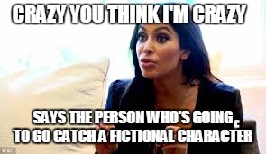 just saying | CRAZY YOU THINK I'M CRAZY; SAYS THE PERSON WHO'S GOING TO GO CATCH A FICTIONAL CHARACTER | image tagged in stupid people | made w/ Imgflip meme maker