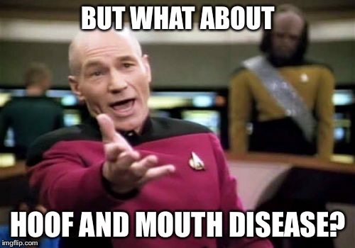 Picard Wtf Meme | BUT WHAT ABOUT HOOF AND MOUTH DISEASE? | image tagged in memes,picard wtf | made w/ Imgflip meme maker
