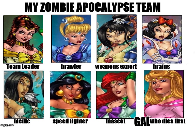 Jying's Zombie Apocalypse:  Team Princess | GAL | image tagged in my zombie apocalypse team,disney,princesses,jying,custom template,memes | made w/ Imgflip meme maker