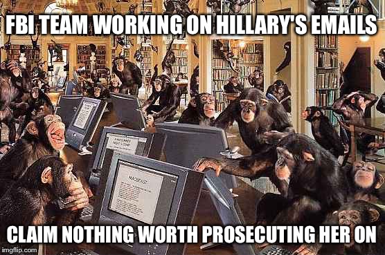 monkeys on computers | FBI TEAM WORKING ON HILLARY'S EMAILS; CLAIM NOTHING WORTH PROSECUTING HER ON | image tagged in monkeys on computers | made w/ Imgflip meme maker