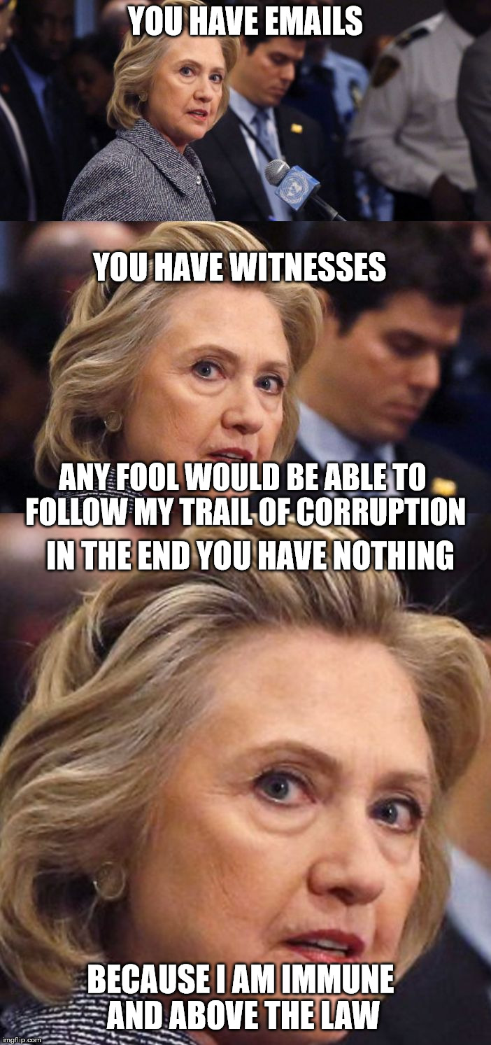 Would Be a Shame if Someone Deleted it Hillary Clinton | YOU HAVE EMAILS; YOU HAVE WITNESSES; ANY FOOL WOULD BE ABLE TO FOLLOW MY TRAIL OF CORRUPTION; IN THE END YOU HAVE NOTHING; BECAUSE I AM IMMUNE AND ABOVE THE LAW | image tagged in would be a shame if someone deleted it hillary clinton | made w/ Imgflip meme maker