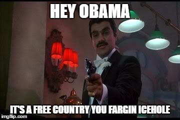 Maroney | HEY OBAMA; IT'S A FREE COUNTRY YOU FARGIN ICEHOLE | image tagged in funny,johnny dangerously,80s,1980s | made w/ Imgflip meme maker