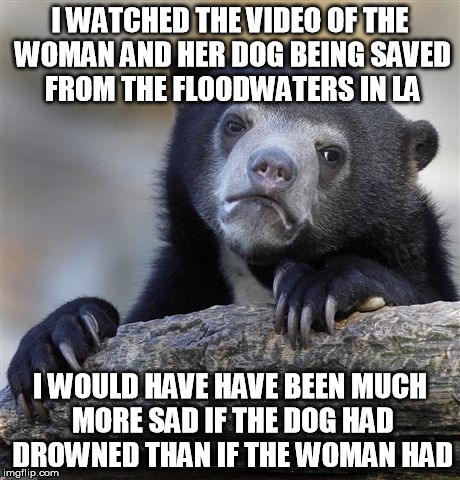 Confession Bear | I WATCHED THE VIDEO OF THE WOMAN AND HER DOG BEING SAVED FROM THE FLOODWATERS IN LA; I WOULD HAVE HAVE BEEN MUCH MORE SAD IF THE DOG HAD DROWNED THAN IF THE WOMAN HAD | image tagged in memes,confession bear,AdviceAnimals | made w/ Imgflip meme maker