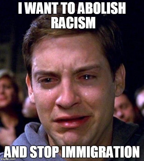 crying peter parker | I WANT TO ABOLISH RACISM; AND STOP IMMIGRATION | image tagged in crying peter parker | made w/ Imgflip meme maker
