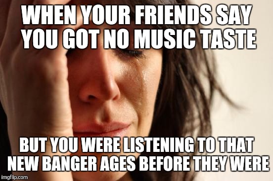 First World Problems Meme | WHEN YOUR FRIENDS SAY YOU GOT NO MUSIC TASTE; BUT YOU WERE LISTENING TO THAT NEW BANGER AGES BEFORE THEY WERE | image tagged in memes,first world problems | made w/ Imgflip meme maker