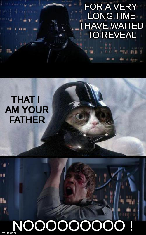 Come to the Dark Side Luke, we have Meow Mix & Fish | FOR A VERY LONG TIME I HAVE WAITED TO REVEAL; THAT I AM YOUR FATHER; NOOOOOOOOO ! | image tagged in star wars grumpy father,star wars,grumpy cat | made w/ Imgflip meme maker