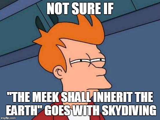 Futurama Fry Meme | NOT SURE IF "THE MEEK SHALL INHERIT THE EARTH" GOES WITH SKYDIVING | image tagged in memes,futurama fry | made w/ Imgflip meme maker