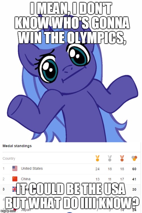 Luna's 'prediction,' for the olympics. | I MEAN, I DON'T KNOW WHO'S GONNA WIN THE OLYMPICS, IT COULD BE THE USA BUT WHAT DO IIII KNOW? | image tagged in mlp,luna,olympics,2016,usa | made w/ Imgflip meme maker