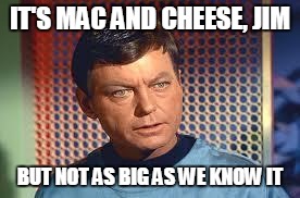 bones | IT'S MAC AND CHEESE, JIM; BUT NOT AS BIG AS WE KNOW IT | image tagged in bones | made w/ Imgflip meme maker