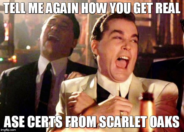 Goodfellas Laugh | TELL ME AGAIN HOW YOU GET REAL; ASE CERTS FROM SCARLET OAKS | image tagged in goodfellas laugh | made w/ Imgflip meme maker