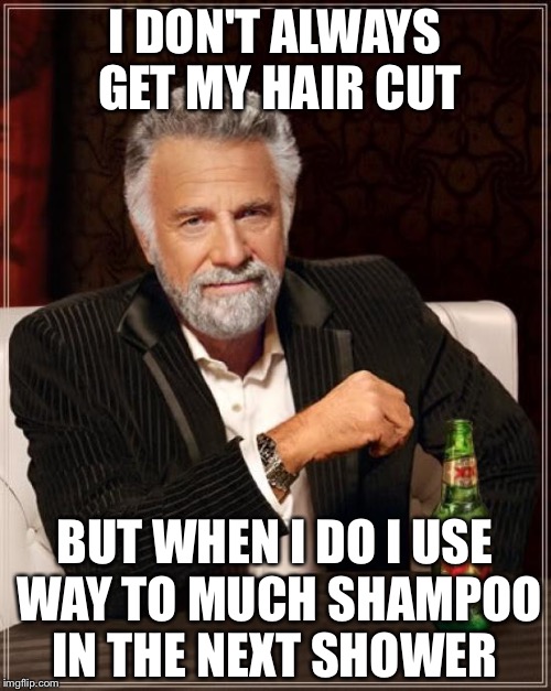 The Most Interesting Man In The World Meme | I DON'T ALWAYS GET MY HAIR CUT; BUT WHEN I DO I USE WAY TO MUCH SHAMPOO IN THE NEXT SHOWER | image tagged in memes,the most interesting man in the world,AdviceAnimals | made w/ Imgflip meme maker