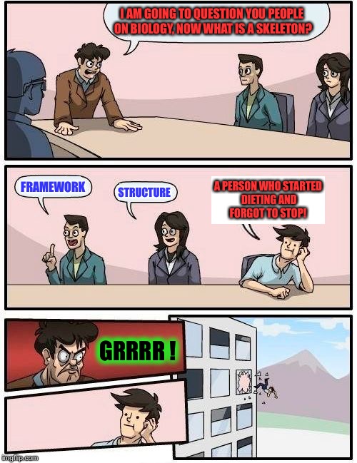 Boardroom Meeting Suggestion Meme | I AM GOING TO QUESTION YOU PEOPLE ON BIOLOGY, NOW WHAT IS A SKELETON? FRAMEWORK; STRUCTURE; A PERSON WHO STARTED DIETING AND FORGOT TO STOP! GRRRR ! | image tagged in memes,boardroom meeting suggestion | made w/ Imgflip meme maker