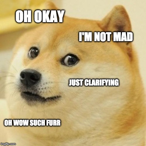 Doge Meme | OH OKAY I'M NOT MAD JUST CLARIFYING OH WOW SUCH FURR | image tagged in memes,doge | made w/ Imgflip meme maker