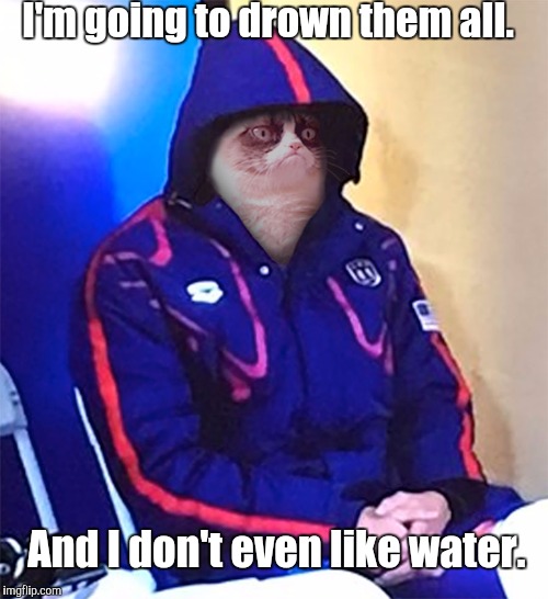 Introducing Grumpy Phelps. Everyone will learn the dead mans float.  | I'm going to drown them all. And I don't even like water. | image tagged in grumpy cat,funny meme | made w/ Imgflip meme maker
