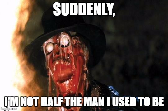 Raiders Face Melt | SUDDENLY, I'M NOT HALF THE MAN I USED TO BE | image tagged in raiders face melt | made w/ Imgflip meme maker
