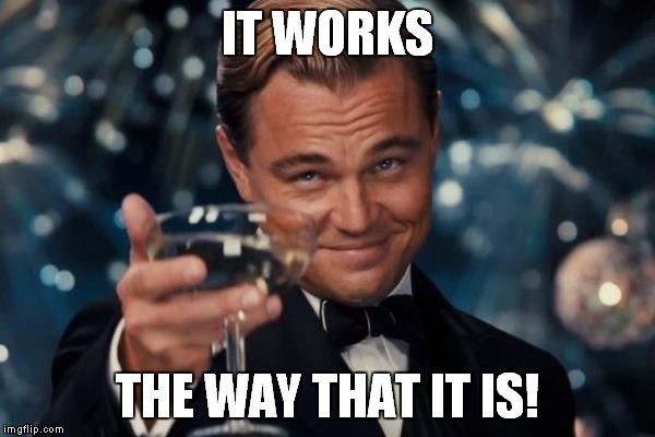 Leonardo Dicaprio Cheers Meme | IT WORKS THE WAY THAT IT IS! | image tagged in memes,leonardo dicaprio cheers | made w/ Imgflip meme maker